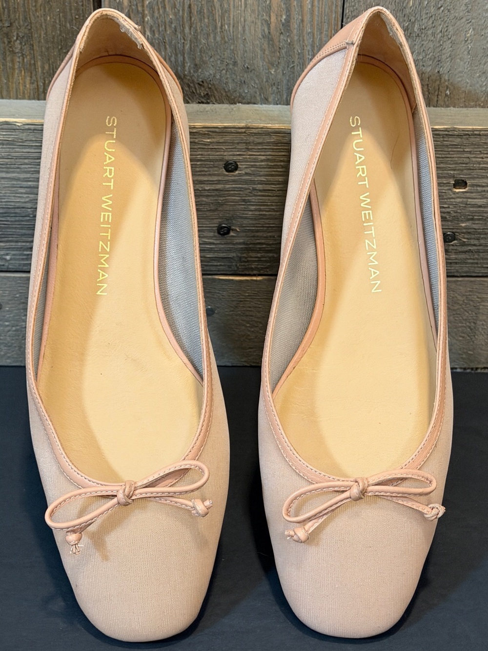 Stuart Weitzman Nude Blush Sheer Mesh Ballet Flats Square Toe Bow Leather 8.5